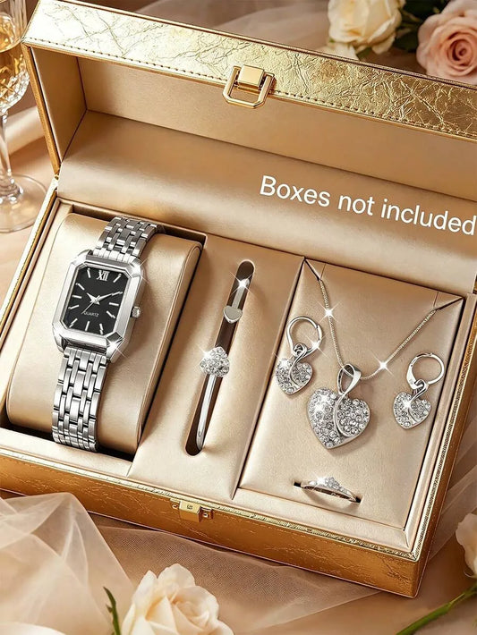 Old Money Square Watch & Heart Jewellery Set